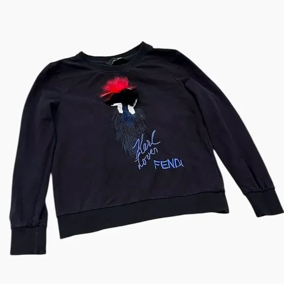 Fendi Karl Lagerfeld Karlito Embroidered Mink Fur Detail Crewneck Sweater